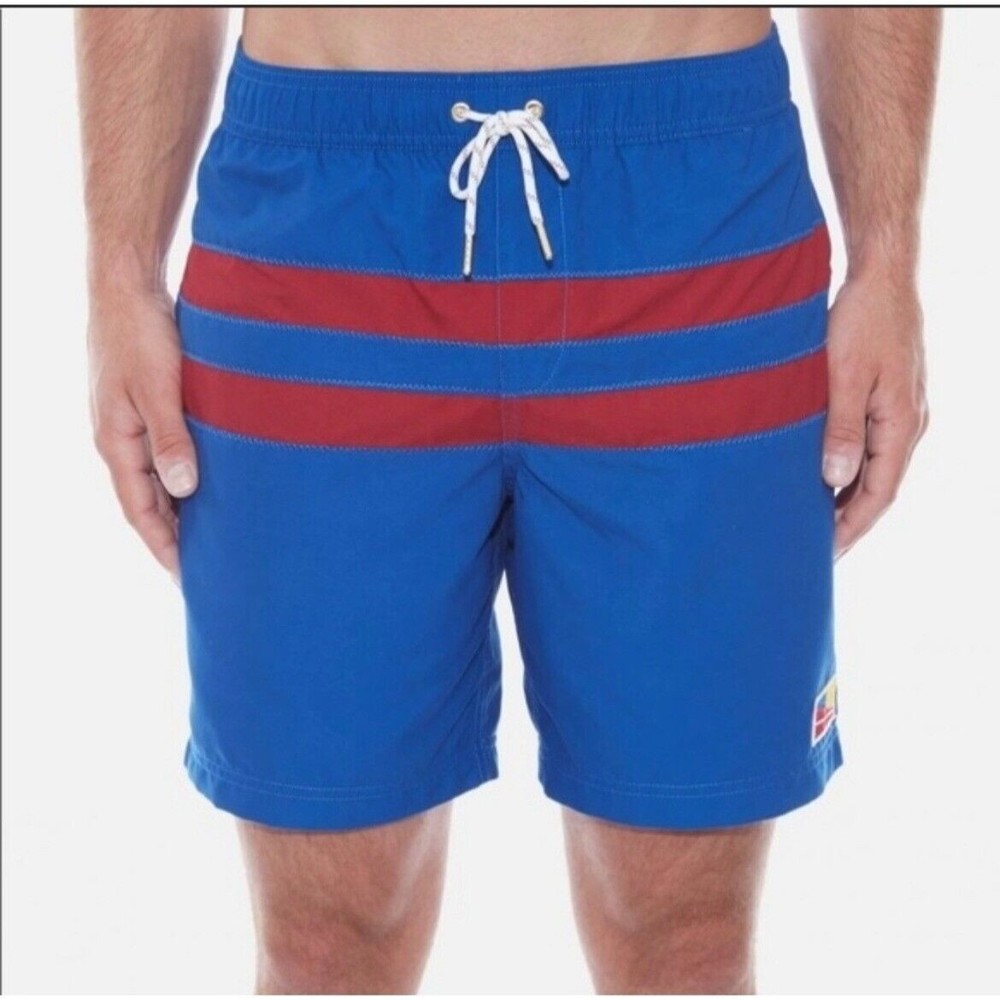 Men’s Five Four Ferry Blue Red Nautical Lined Drawstring Swim Trunks Size 32